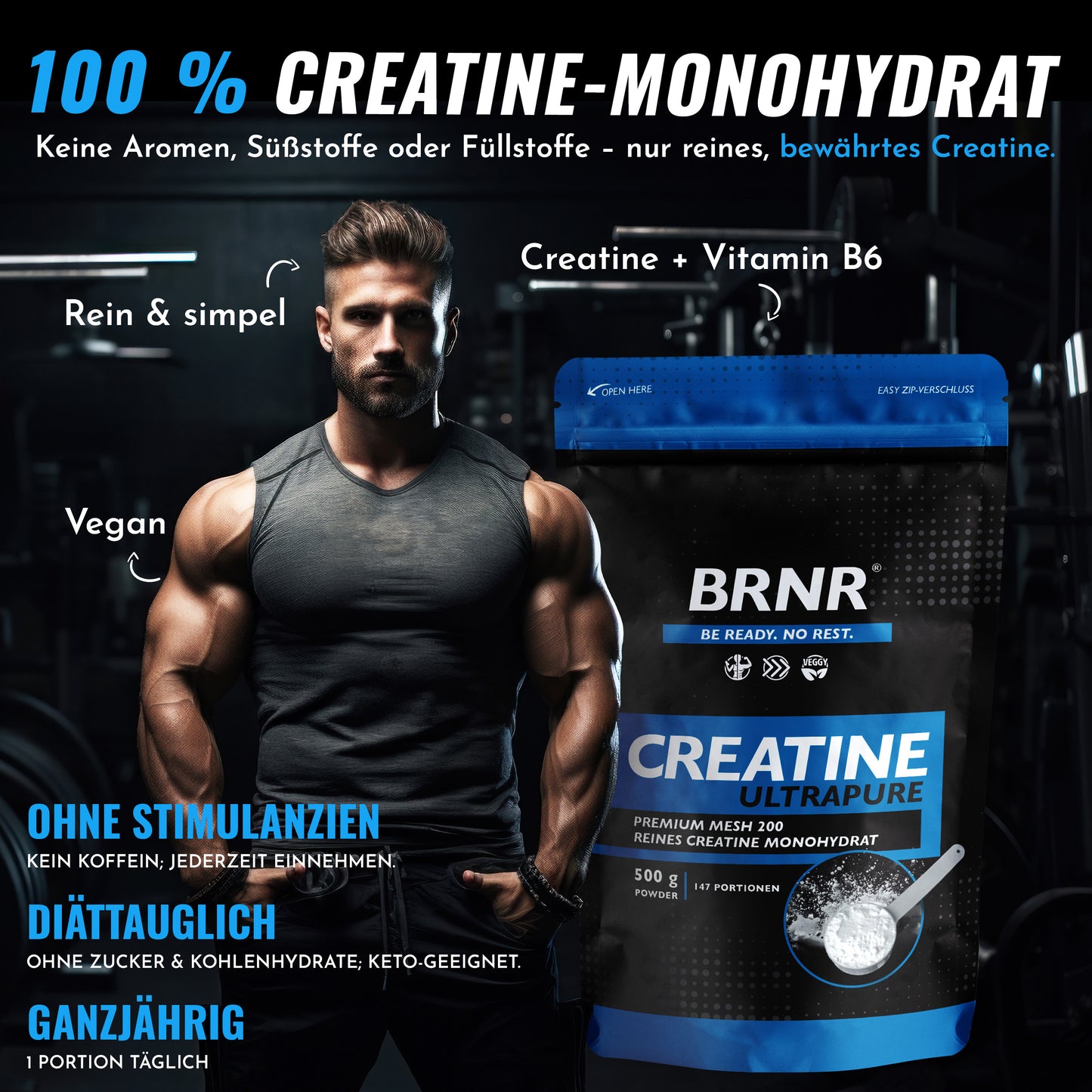 BRNR Creatine Pulver, Creatin Monohydrat, 500g