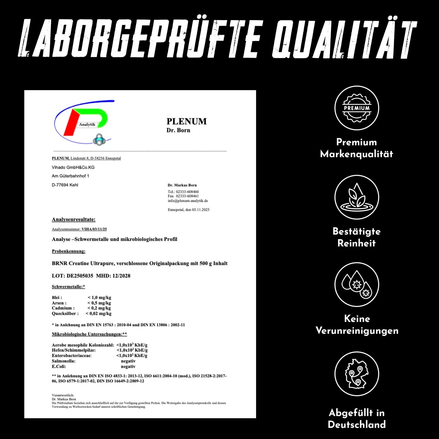 BRNR Creatine Pulver, Creatin Monohydrat, 500g